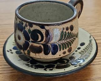 Vintage Tonala Mexican Pottery Coffee Cup and Saucer Set