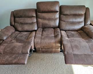 Three-Seat Reclining Sofa in Distressed Brown Faux Leather