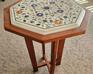 Octagonal Pietra Dura Marble Side Table with Wooden Base
