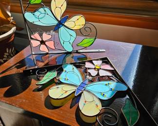 Stained Glass Butterfly and Flower Suncatcher Set with Stands