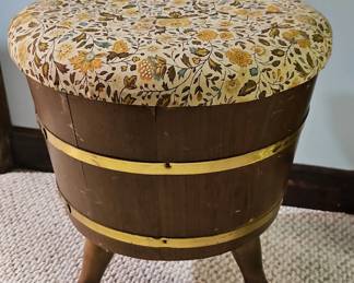 Vintage Wooden Firkin Stool with Upholstered Seat