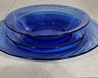 Cobalt Blue Swirl Pyrex Plates and Bowls