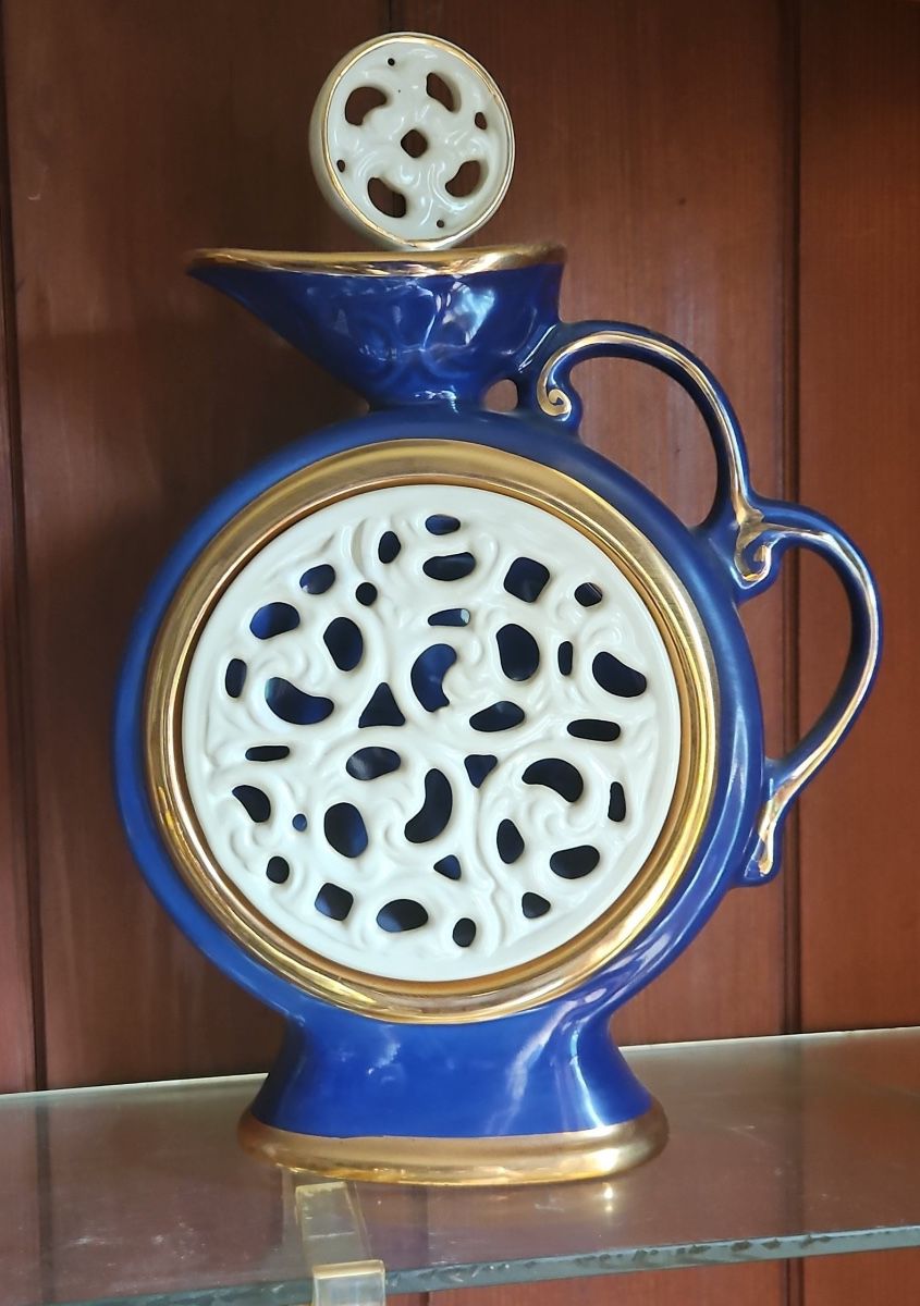 Blue Ceramic Pitcher with Gold Trim