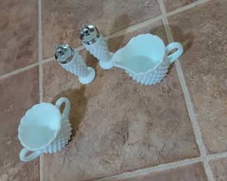 Hobnail Milk Glass Creamer, Sugar, and Shaker Set third image