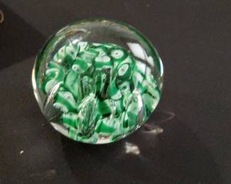 Glass Paperweight with Green Swirls