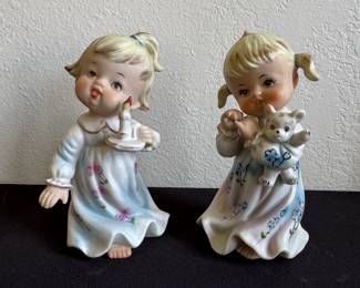 Ceramic Figurines  Two Girls with Candle and Bear