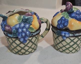 Fruit basket ceramic creamer and sugar