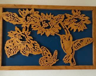 Wooden Hummingbird and Sunflower Scroll Saw Art