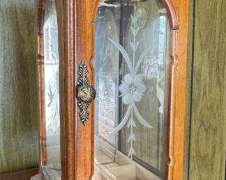 Vintage Wooden Jewelry Box with Etched Glass