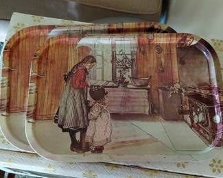 Set of Vintage Metal Serving Trays with Children in a Kitchen Scene fourth image