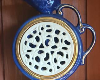Blue Ceramic Pitcher with Gold Trim