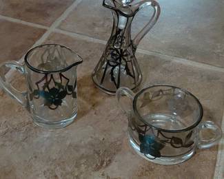 Glass creamer, sugar, and decanter set