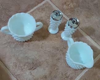 Hobnail Milk Glass Creamer, Sugar, and Shaker Set second image