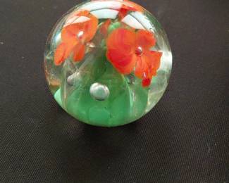 Glass Paperweight with Red Poppies