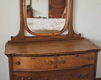 Tiger Oak Serpentine Dresser with Mirror