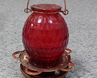 Red Hexagonal Glass Hummingbird Feeder