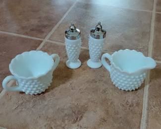 Hobnail Milk Glass Creamer, Sugar, and Shaker Set