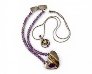 55 MidCenturySterlingAmethystBeadNecklacePendant