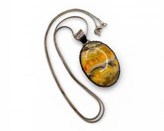 40 SterlingLargeOvalBandedStonePendant25ExtraLongChain