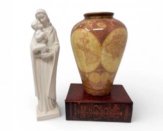 38 OldWorldStyleDecorWorldMapVaseVirginMaryFigurineBookBox
