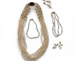 112 14KSeedPearlDiamondJewelrySetNecklaceBraceletEarrings