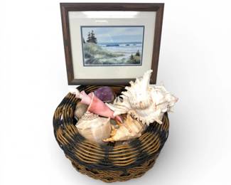 99 LargeSeashellCollectionBasketJeffreyHullCoastalPrint