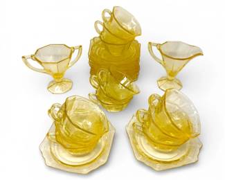 75 YellowDepressionGlassTeaSet12CupsSaucersCreamSugar