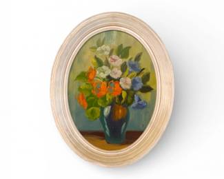 97 OriginalVintageFloralStillLifeOilPaintinginOvalFrameSigned