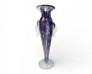 26 BlownArtGlassVasePurpleSwirlwClearAppliedHandles