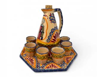 60 HenriotQuimperFrenchPotteryLiqueurSetBottle6CupsTray