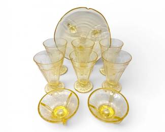 77 YellowDepressionGlassCollectionPlatter6GobletsCandlesticks