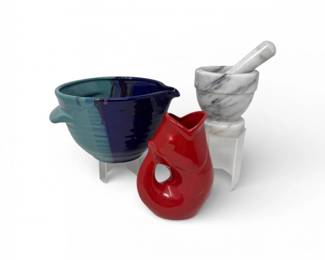 108 GurglePotRedPitcherPotteryMixingBowlStoneMortarPestle