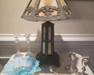 Slag Glass Metal Table Lamp
