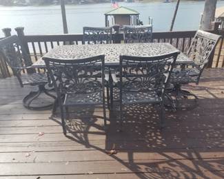 Patio Metal Filigree Rectangular Dining Table, 2 Swivel Armchairs and 4 Side Chairs