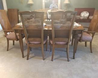 Mid 20th Century Dining Table w/ 2 Leaves, Pads, 2 Caned Tall Back Armchairs, and 4 Caned Tall Back Side Chairs