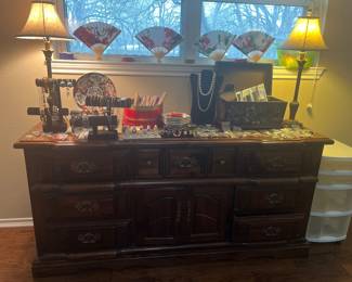 Dresser with Lots of Jewelry, , Rings, Bracelets, Necklaces, Earrings and Lamps