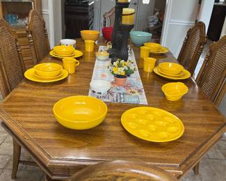 Wooden Table with 6 Chairs, Sunflower Fiestaware Table Setting for Four