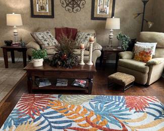 Leather Love Seat, Recliner, End Tables, Coffee Table,Lamps and Rug