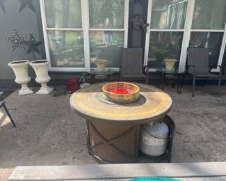 Fire Pit, Outdoor Chairs, Wrought Iron End Tables, and Planter Pots
