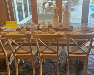 Farmhouse table with 6 chairs and bench