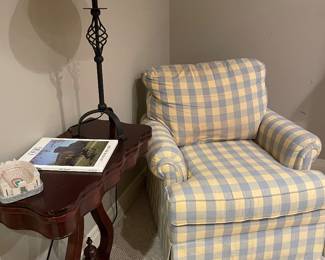 Chair, swivel top table and lamp