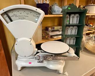 Antique Fischer Scientific Scale, Milk Glass spice jar set