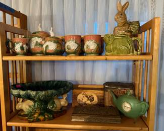 Henriksen Bunny Teapot and mug set, Majolica style Compote Rabbit bowl
