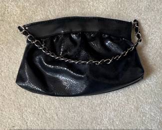 Black Patent Faux Leather Clutch with Silver Chain