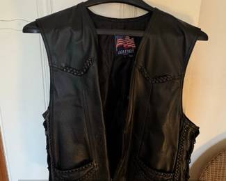Mens Black Leather Biker Vest with Braiding