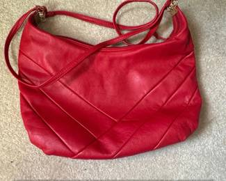 Red Leather Shoulder Bag with Chevron Stitching