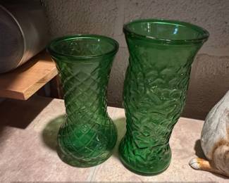Set of Two Vintage Hoosier Glass Green Textured Vases
