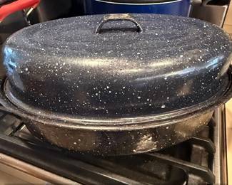 Granite Ware Blue Speckled Oval Roasting Pan with Lid