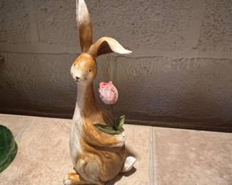 Resin Bunny Holding Pink Tulip Figurine