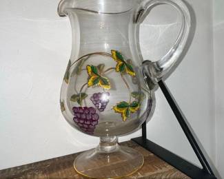 Vintage HandPainted Glass Pitcher with Grapes and Gold Trim
